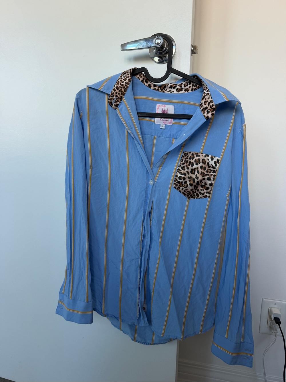 Striped Button-Up Shirt with Leopard Trim